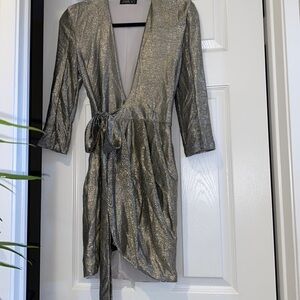 Gold foil side tie mini dress